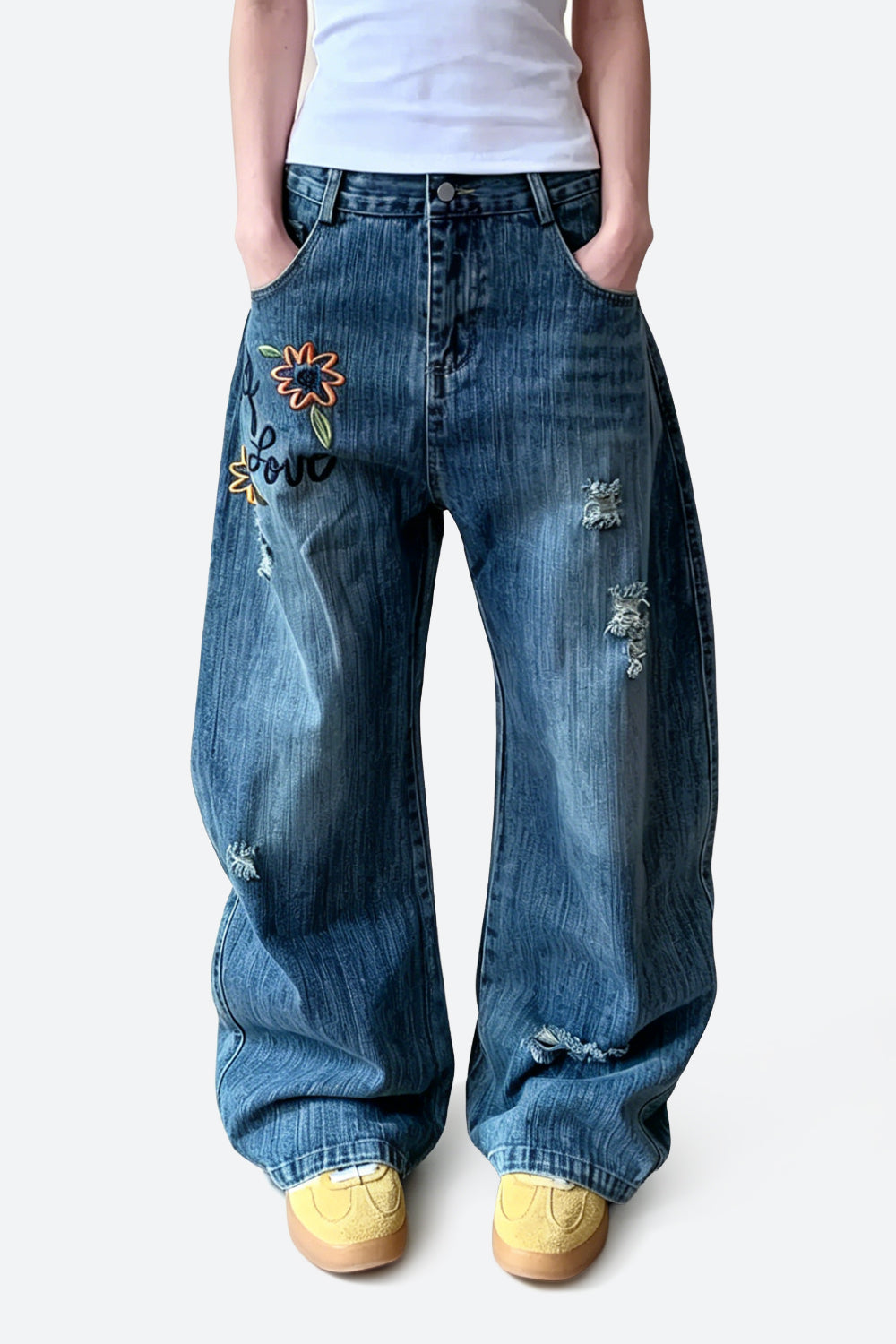 Embroidered Distressed Barrel Jeans