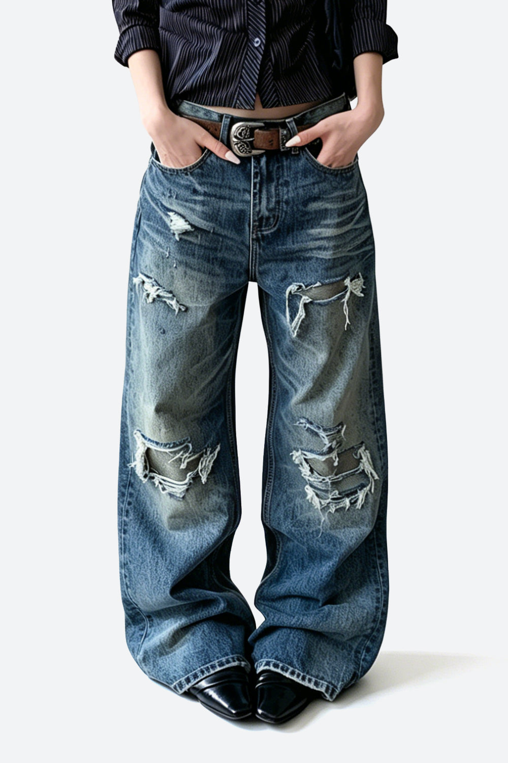 Faux Distressed Straight Leg Jeans