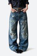 Faux Distressed Straight Leg Jeans
