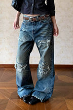 Faux Distressed Straight Leg Jeans