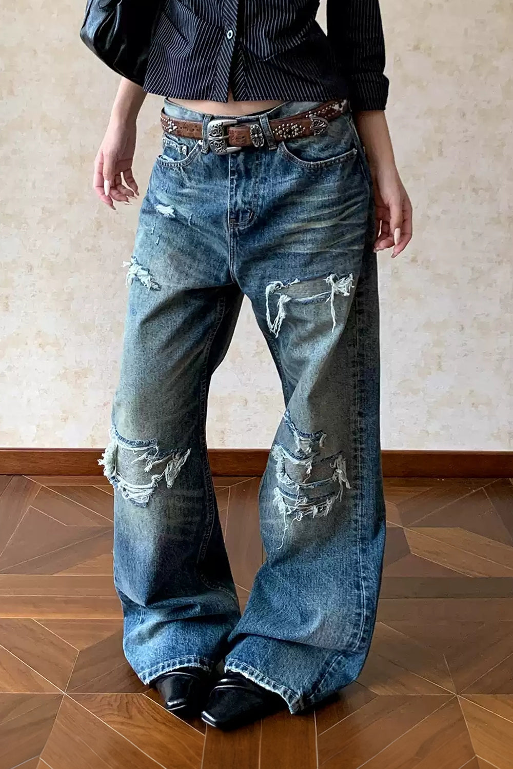 Faux Distressed Straight Leg Jeans