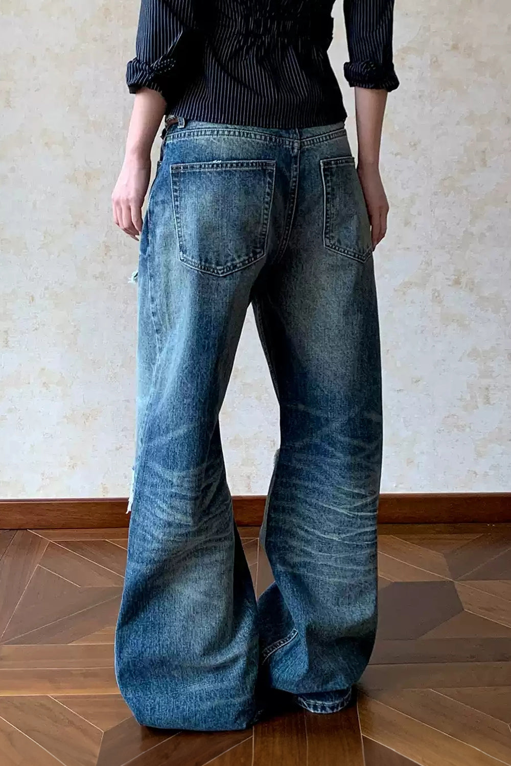 Faux Distressed Straight Leg Jeans