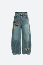 Embroidered Distressed Barrel Jeans
