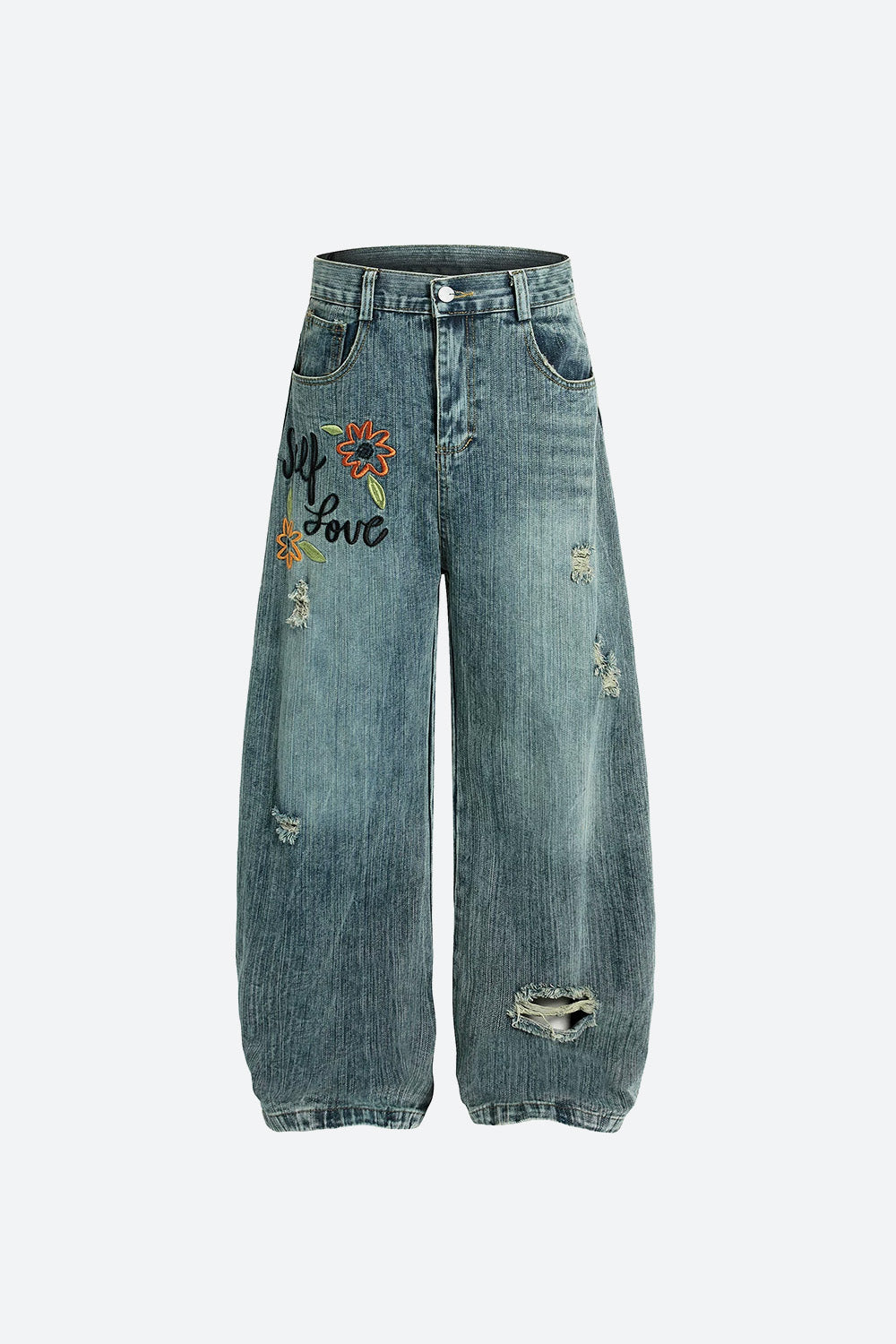 Embroidered Distressed Barrel Jeans