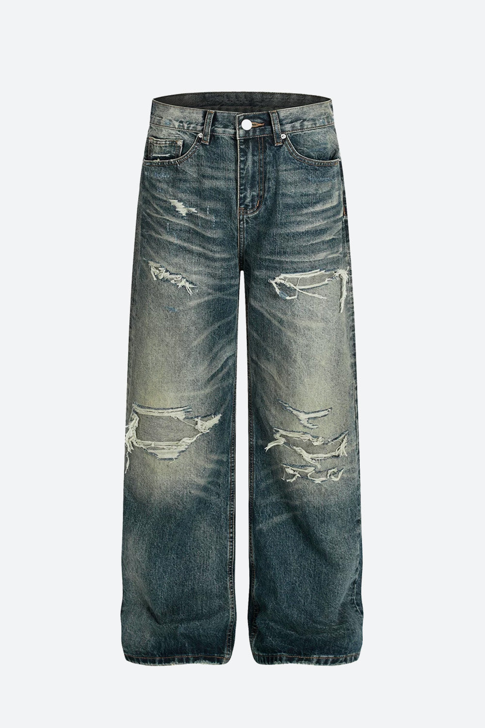 Faux Distressed Straight Leg Jeans