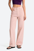 Women wearing pink wide leg stretch jeans