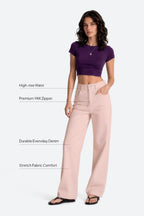 Women wearing pink wide leg stretch jeans