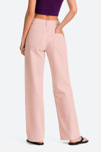 Women wearing pink wide leg stretch jeans