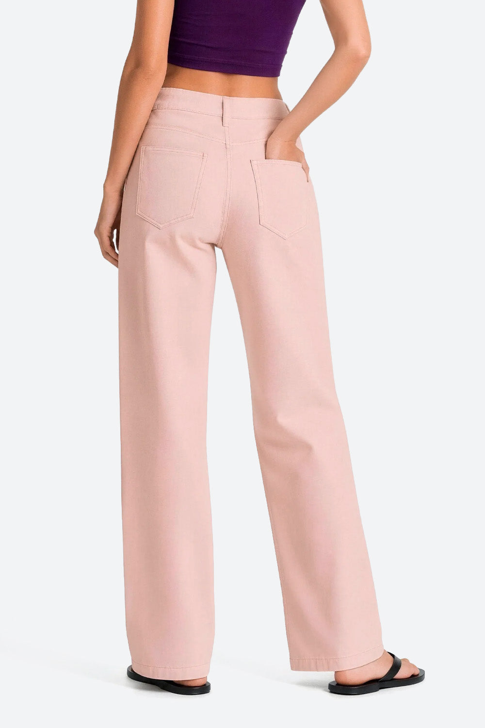 Women wearing pink wide leg stretch jeans