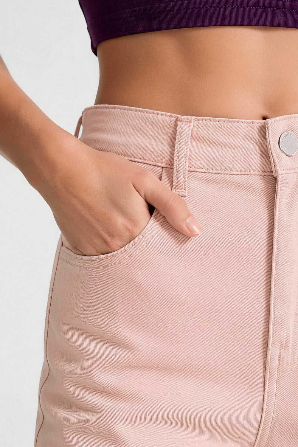 Women wearing pink wide leg stretch jeans