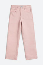 Women wearing pink wide leg stretch jeans