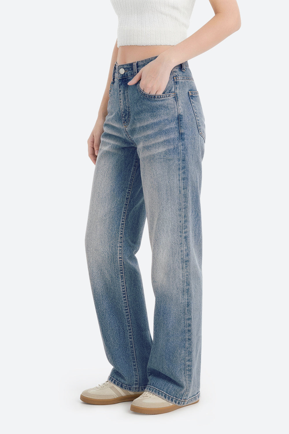 Women wearing retro blue wide leg stretch jeans