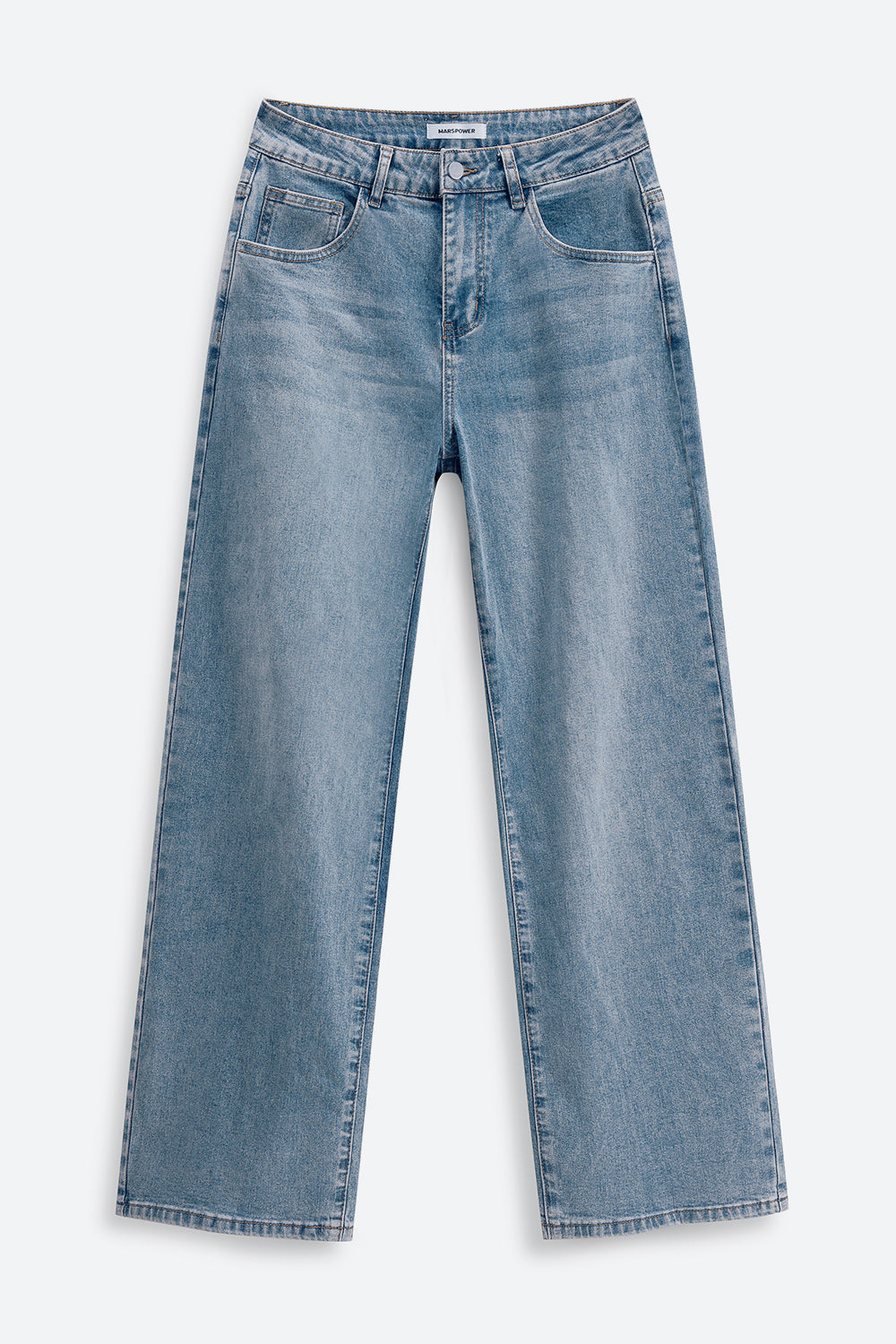Women wearing retro blue wide leg stretch jeans