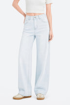 Women wearing sky blue wide leg stretch jeans