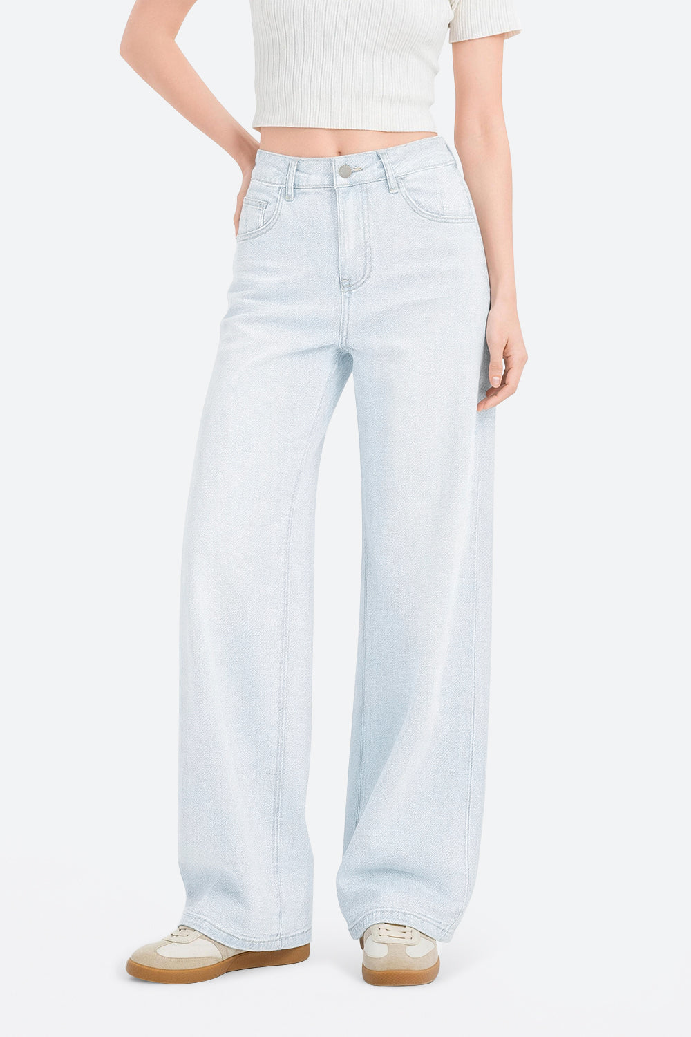Women wearing sky blue wide leg stretch jeans