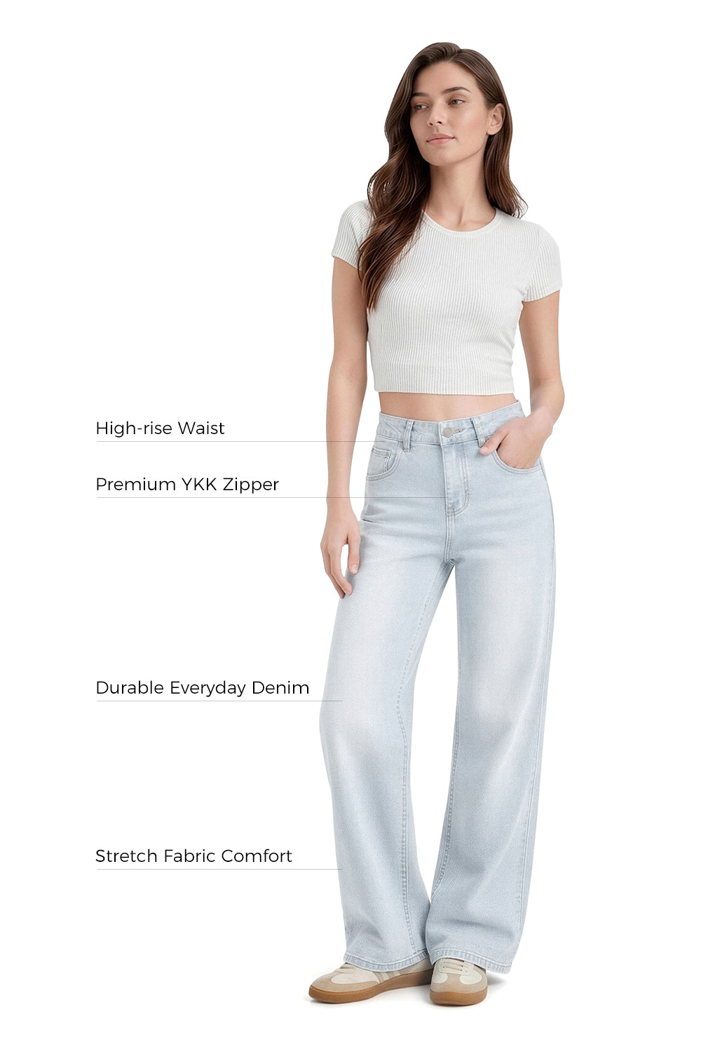 Women wearing sky blue wide leg stretch jeans