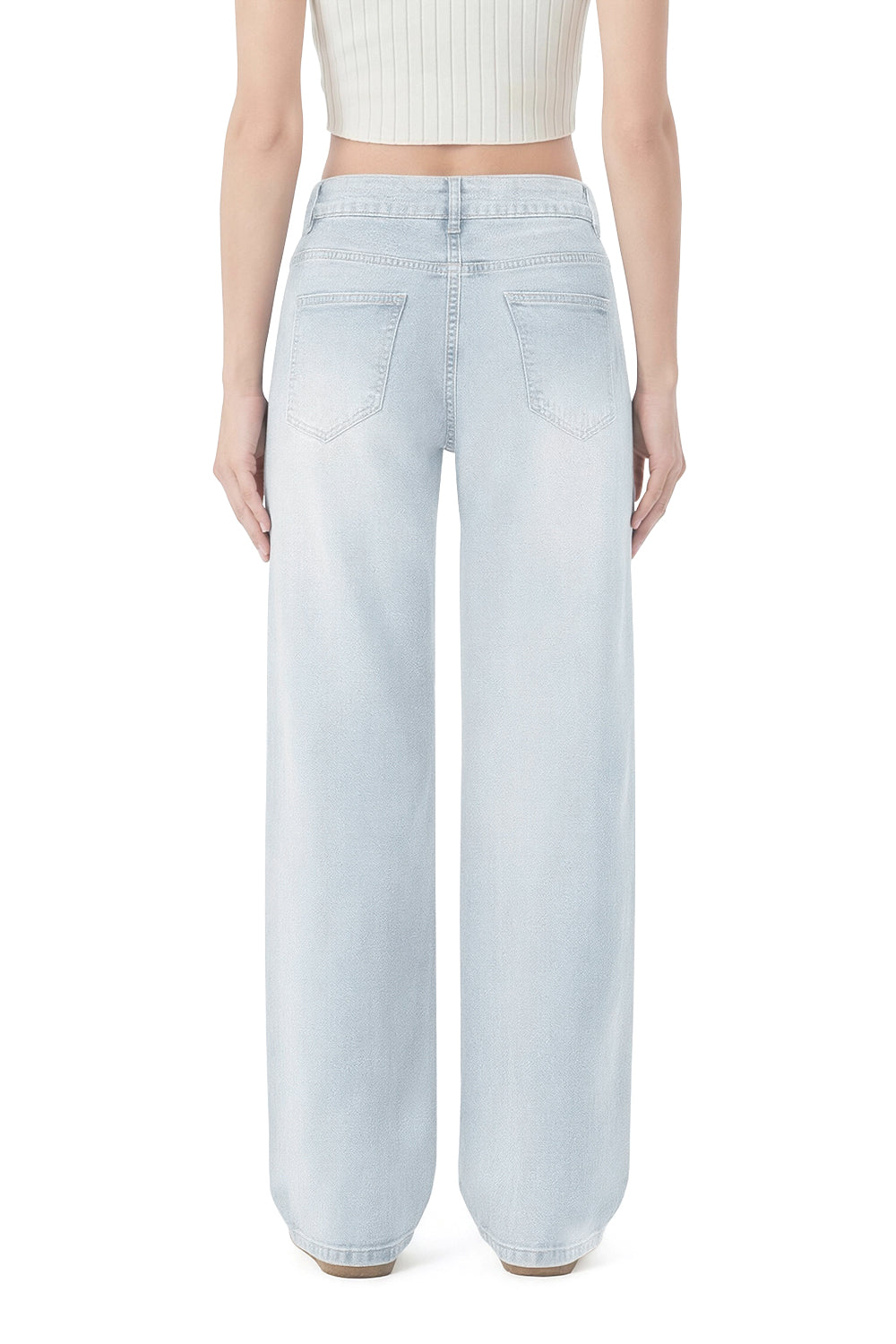 Women wearing sky blue wide leg stretch jeans