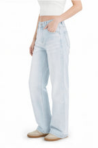 Women wearing sky blue wide leg stretch jeans
