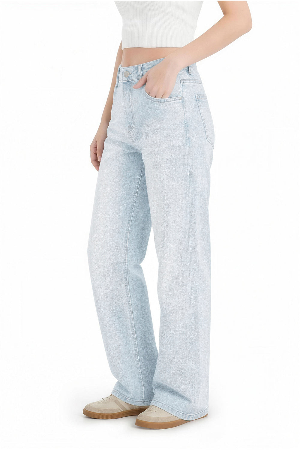 Women wearing sky blue wide leg stretch jeans