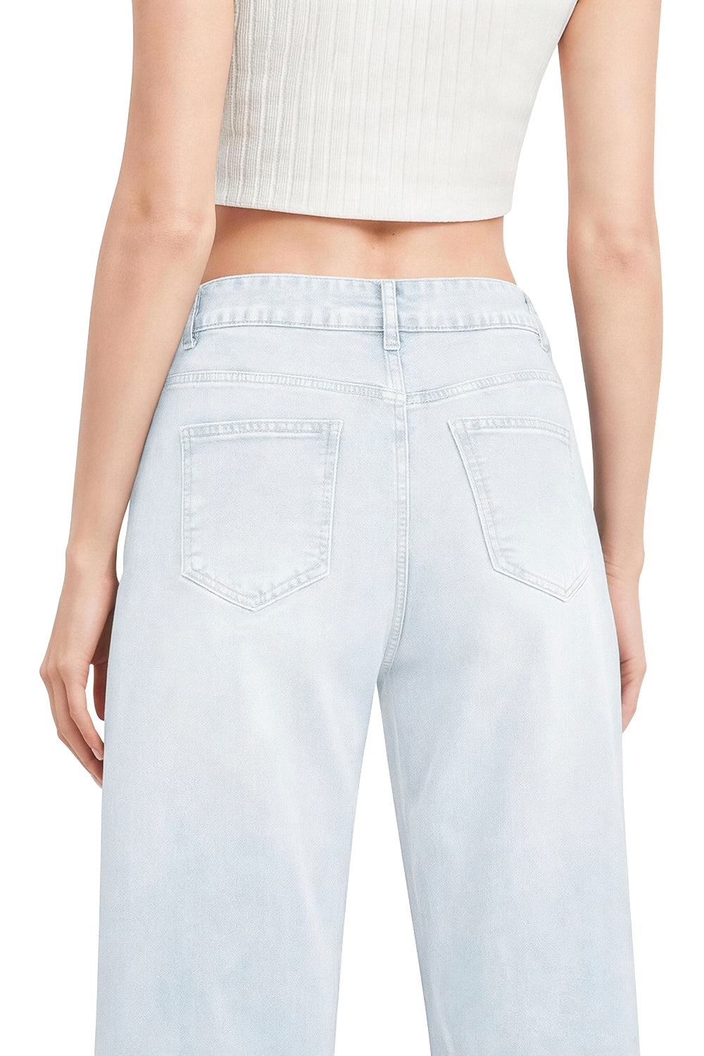 Women wearing sky blue wide leg stretch jeans