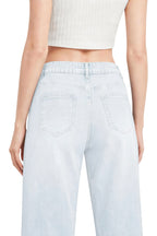 Women wearing sky blue wide leg stretch jeans