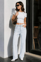Women wearing sky blue wide leg stretch jeans