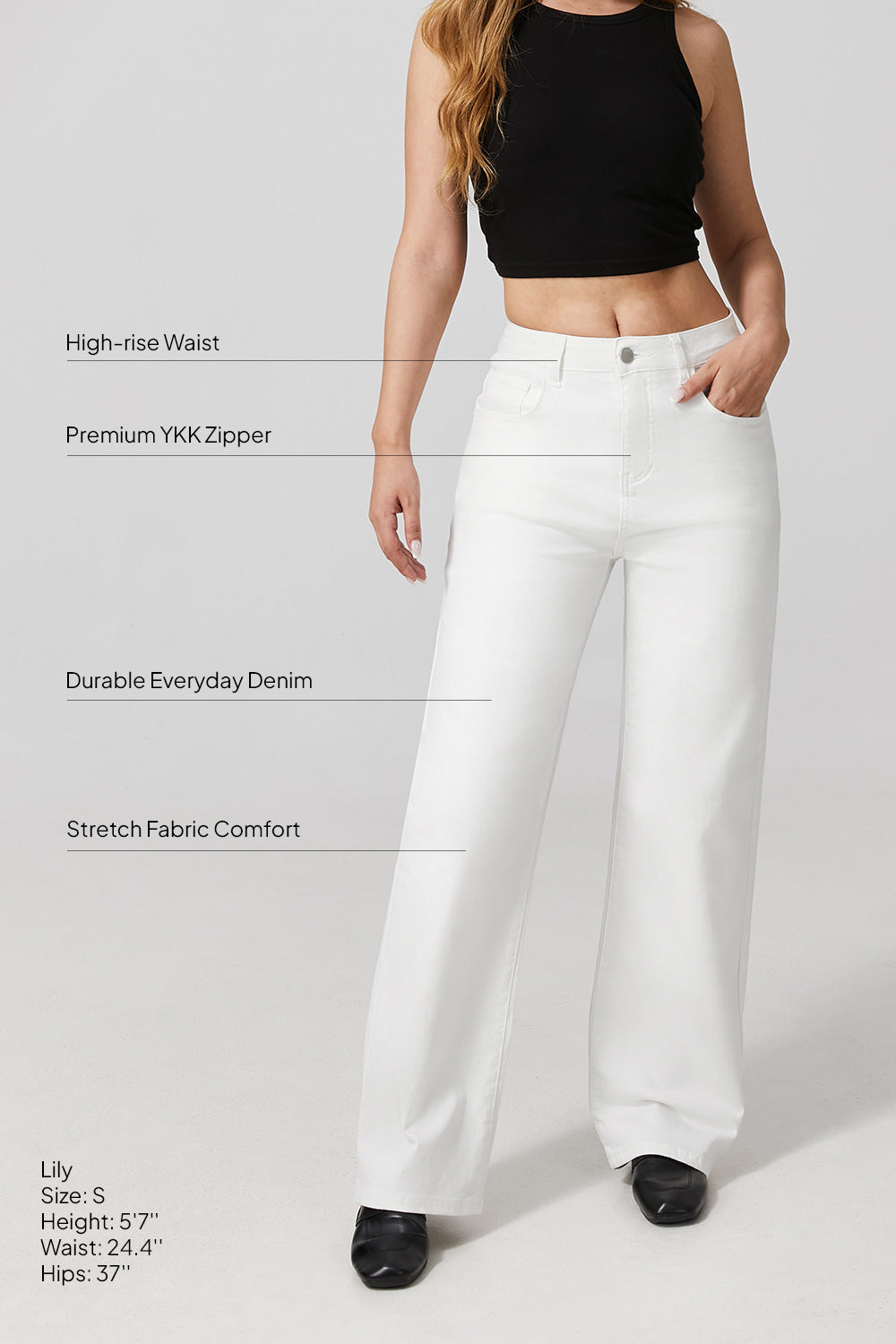 Women wearing white wide leg stretch jeans