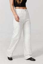 Women wearing white wide leg stretch jeans