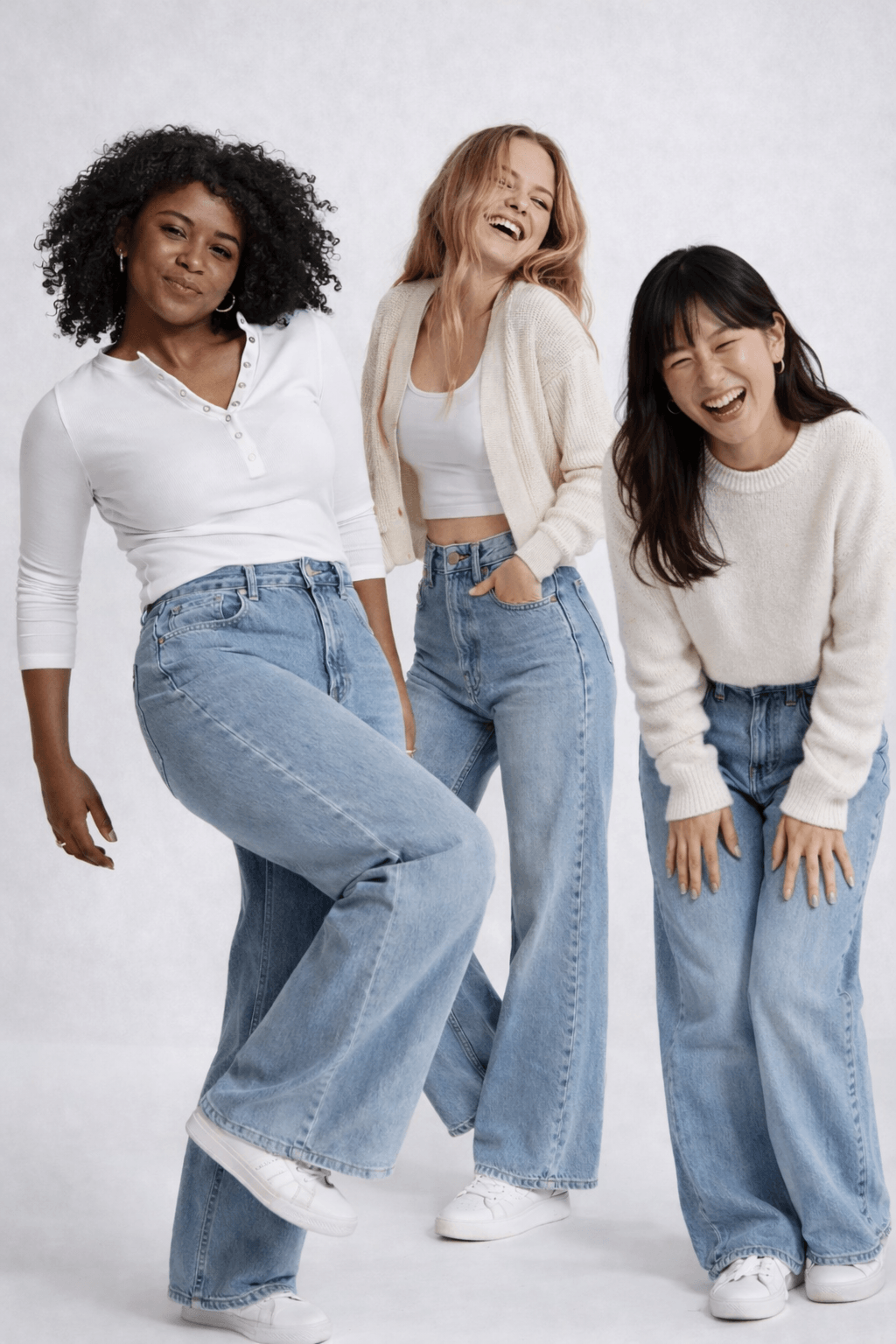 Three women wearing light blue jeans and white tops against a white background
